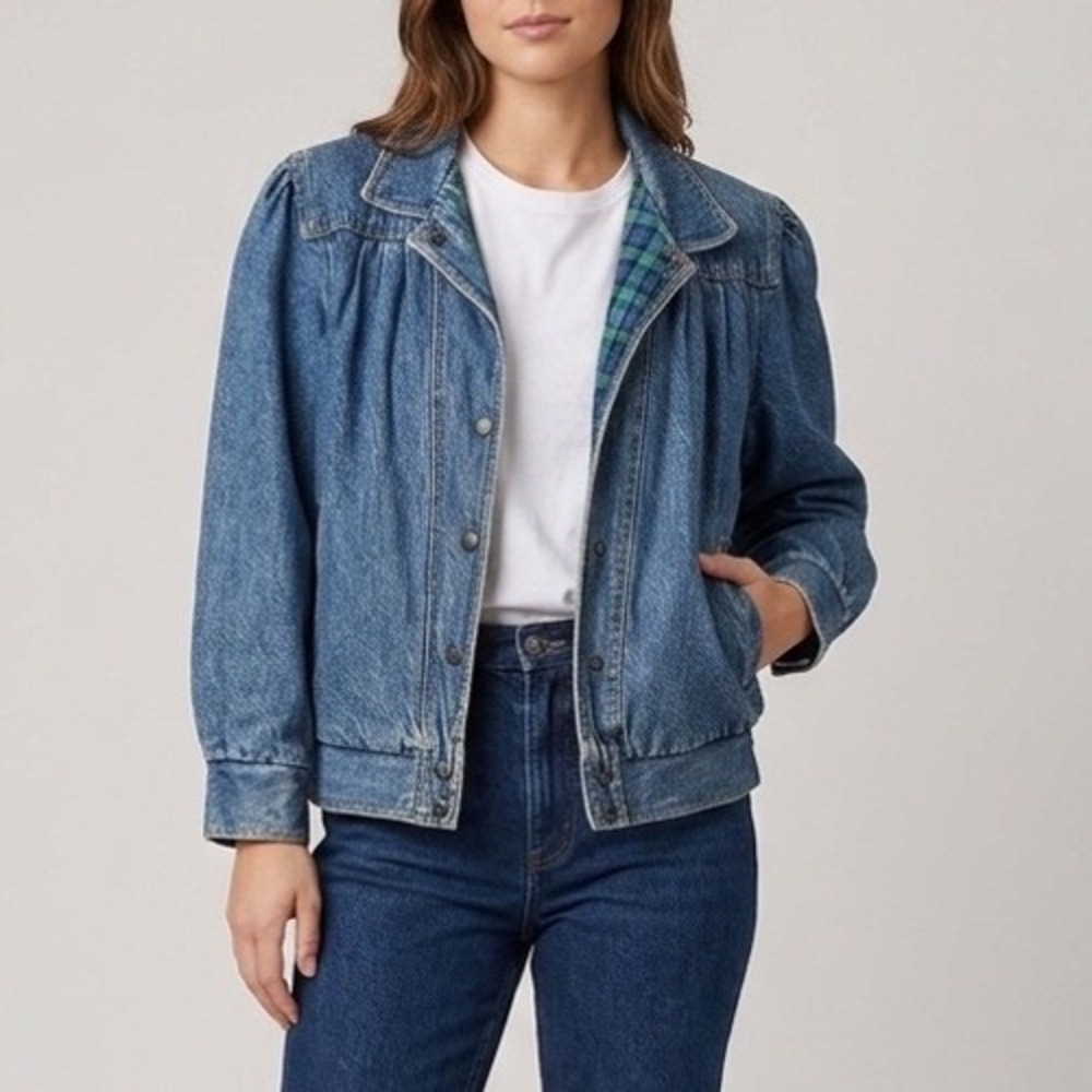 Vtg 80s Sergio Valente Plaid Lined Denim Bomber Jacket M Indie Western Uruguay